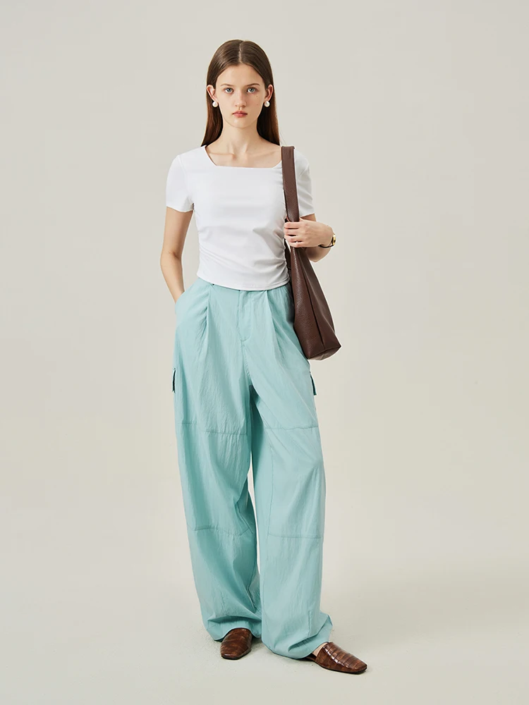 FSLE 2024 Summer New Work Style Casual Pants For Women\'s 2024 Summer New Relaxed Wide Leg Mop Blue Black Pants 24FS12401