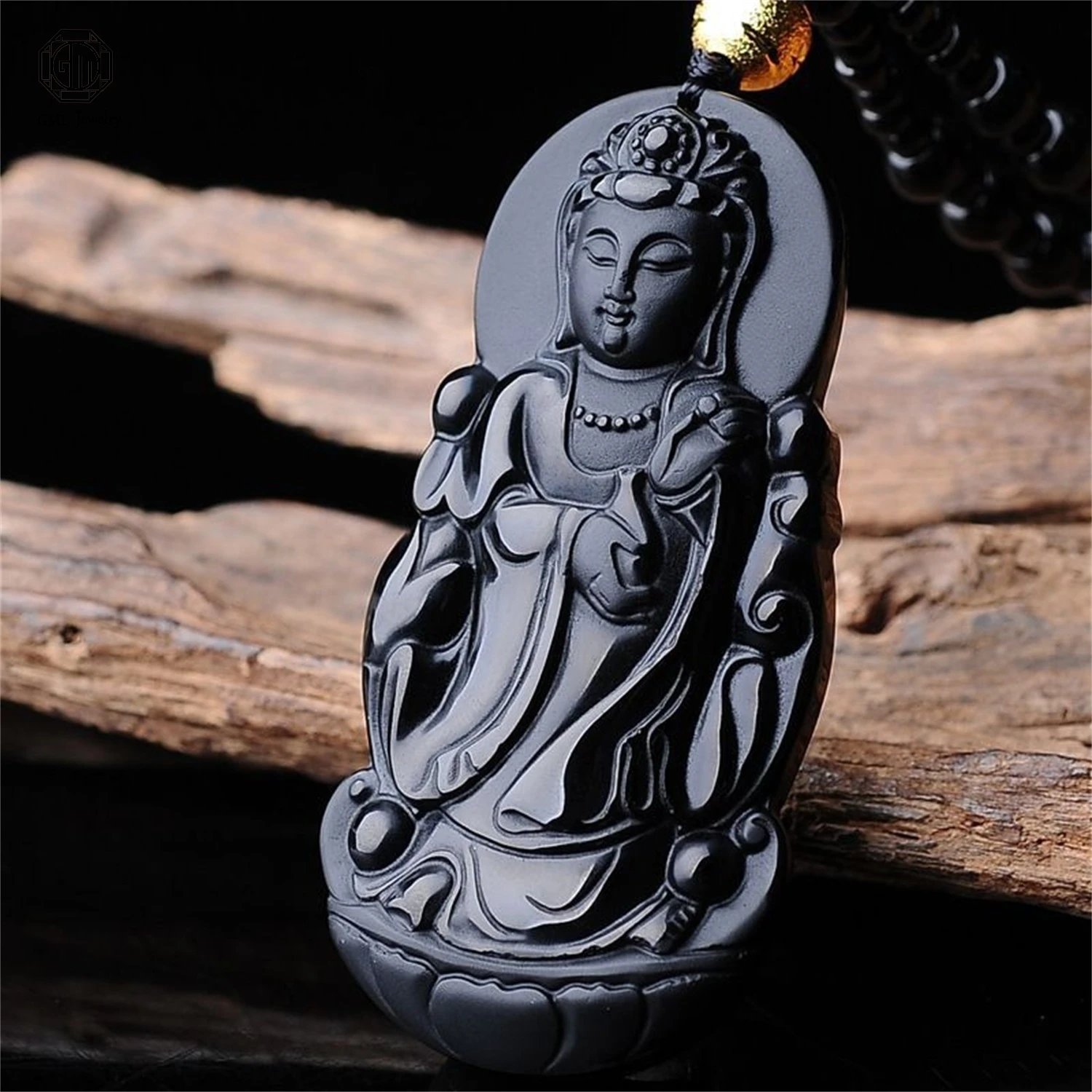 Natural Frosted Black Obsidian Hand Carved Laughing Buddha Guanyin Pendant Jewelry Men Women Necklace Charm Feng Shui Gift Lucky
