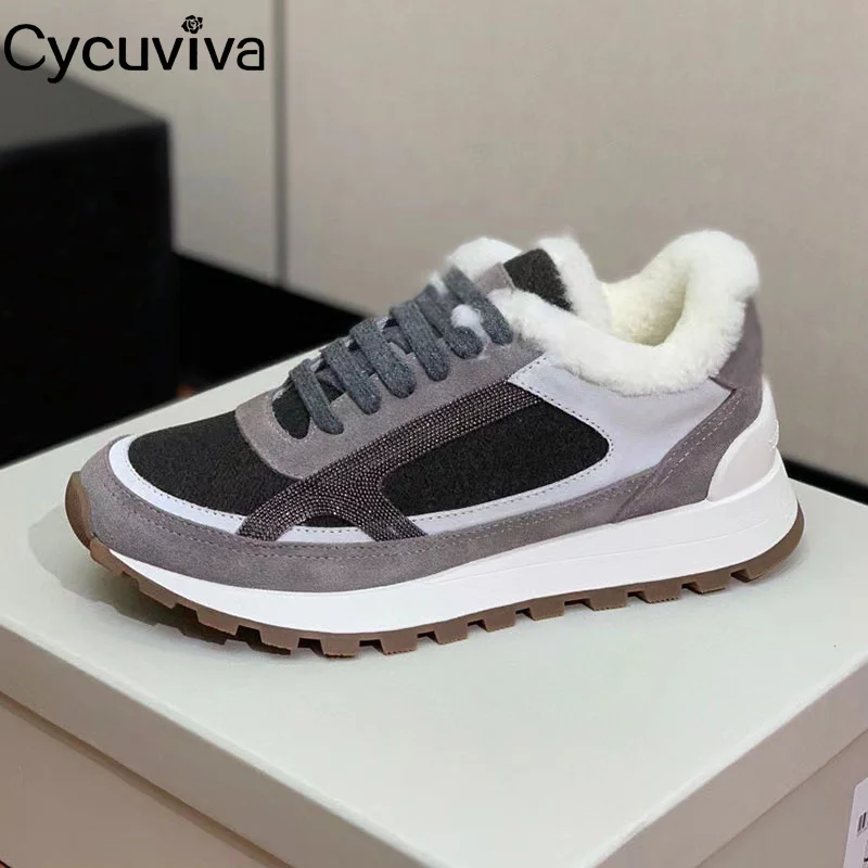 

Designer New Suede Leather Lace Up Platform Shoes Thick Sole Wool Fur Flats Autumn Casual Party Vacation Walking Shoes For Women