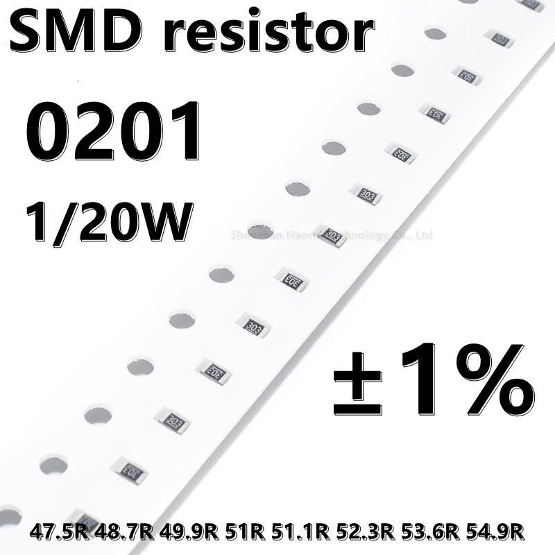 ตัวต้านทาน0201 SMD 48.7R 47.5R 1% 51.1R 51R 52.3R 53.6R 54.9R 1/2 "(100ชิ้น)