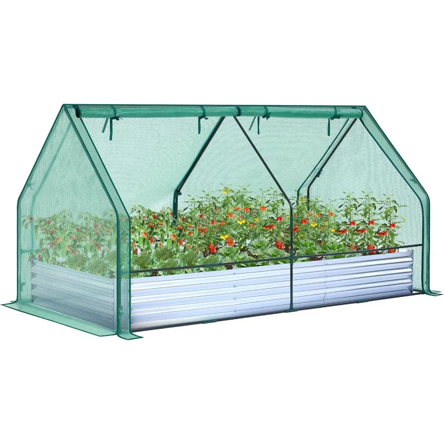 Ohuhu Raised Garden Bed with Greenhouse 8x4x1 FT Galvanized Metal Planter Box with PE Cover 4 Doors for Ventilation 3-in-1 Gard