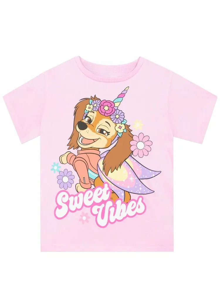 Paw Patrol Skye Girls T‑Shirt Cute Unicorn Floral Letter Print Kids Short Sleeve Tops Summer Casual Cotton Children Tees For