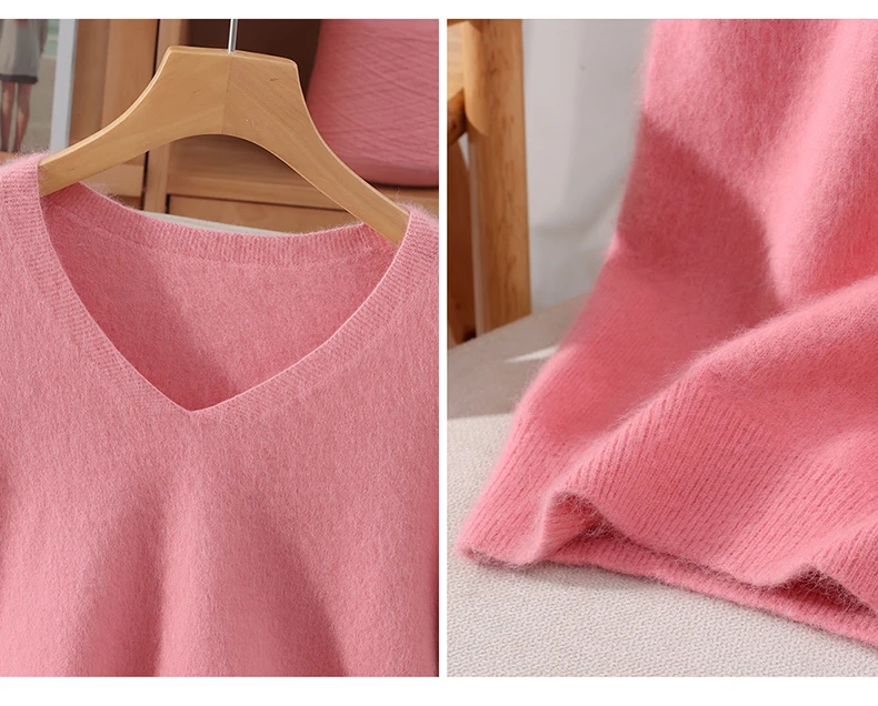 Damen 100% Reiner Nerz-Kaschmir V-Ausschnitt Pullover T-Shirt Einfarbig Gestrickt Modisch Vielseitig Kurzärmeliger Pullover – Detail 25