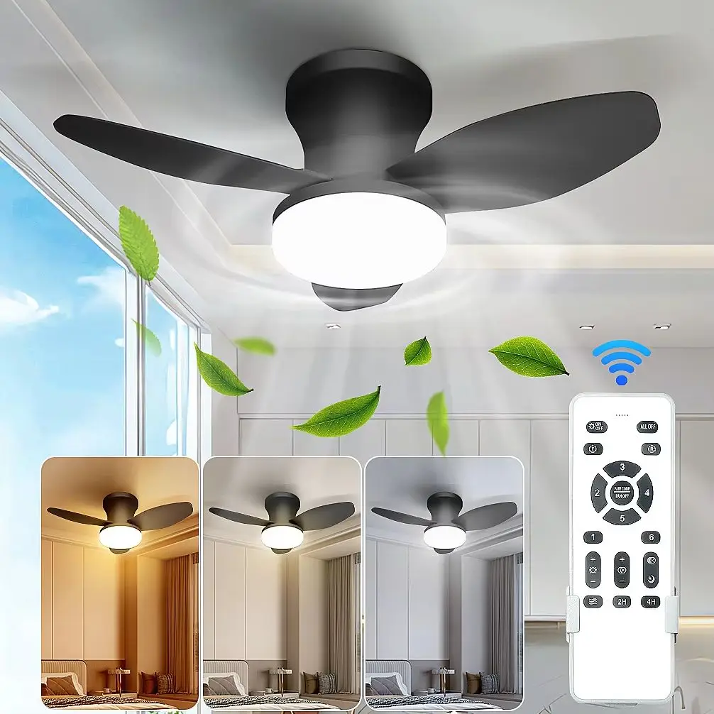 Aiopp Drei-Blatt-Deckenventilator mit Licht und Fernbedienung, 6 Geschwindigkeiten dimmbar, flacher, umkehrbarer LED-Kronleuchter für Schlafzimmer