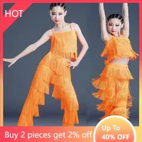 2Pcs Adult Girl Latin Dance Suit For Women Ballroom Fringe Tassel Split Top and Pants Set Competition Dance Costume for Children