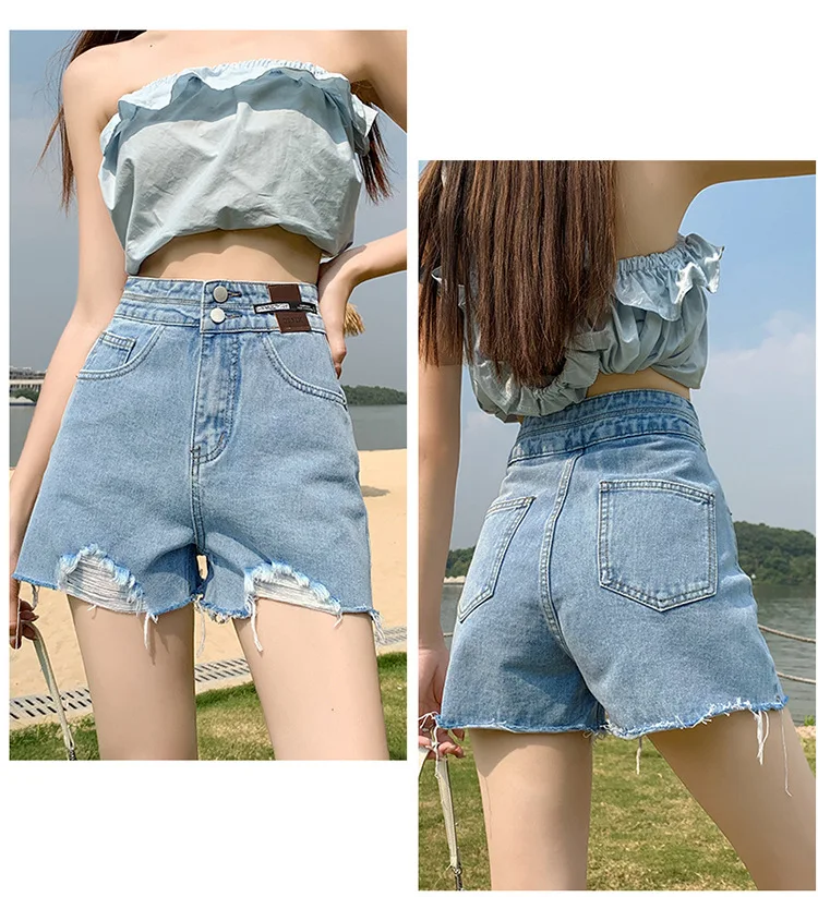 2023 Summer American Simple Denim Shorts Women\'s New Summer High Waist Loose A-line Slim Wide Leg Fur Hem Pants