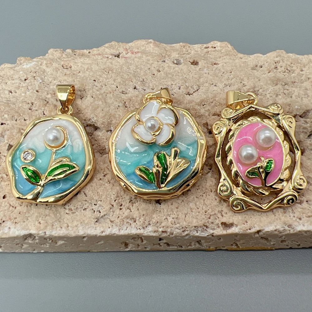 

Fashion Imitation Pearl Enamel Flower Pendants Charms Jewelry Making Necklace Accessories