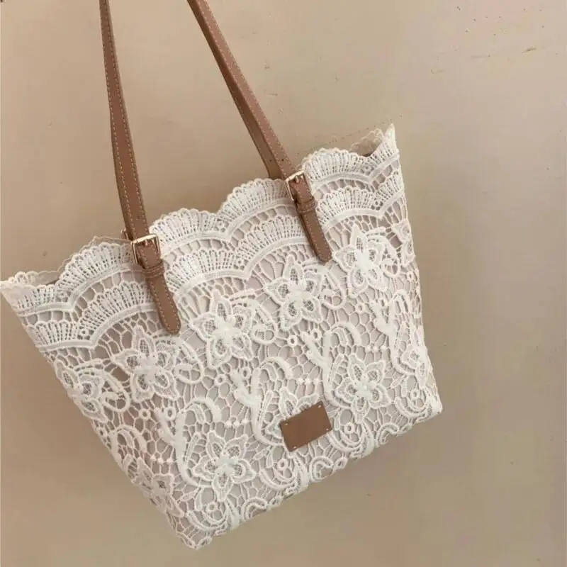 Bloom Fairycore Aesthetic Lace Shoulder Bags Women Retro Large Capacity Beige Handbag Wallet Gentle Vintage Underarm Bag 2025