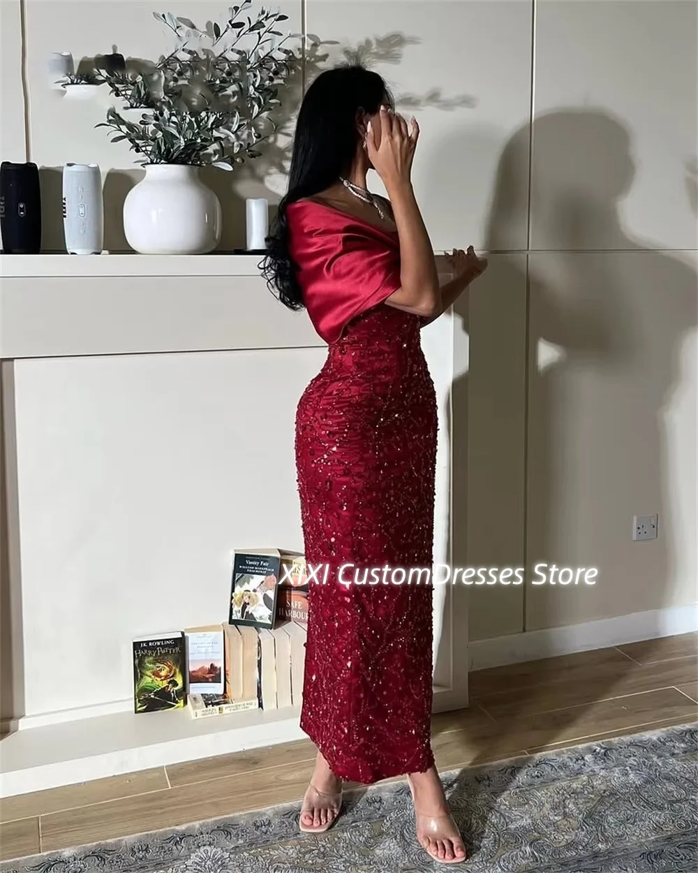 تخصيص فساتين Fساتين سهلة الاستخدام بدون حمالات باللون الأحمر بطول الأرض للحفلات الراقصة وأشرطة كاب مكشكشة وسحاب حتى الفساتين للمناسبات الخاصة #5