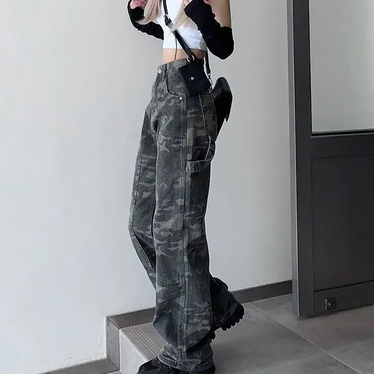 Women Camouflage Jeans Loose High Waist Vintage Cargo Wide Leg Pants Denims Full Length Streetwear Female Denim Trousers