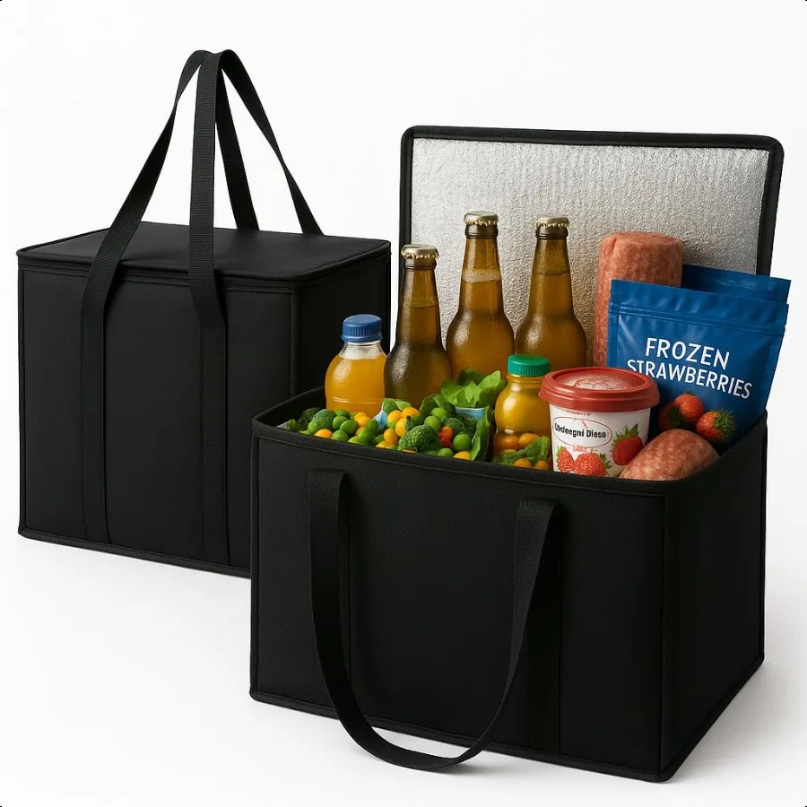 

2Pack XLLarge Insulated Grocery Shopping Bags Black Reusable Bag Thermal Zipper Collapsible Tote Cooler Food Transport hot and