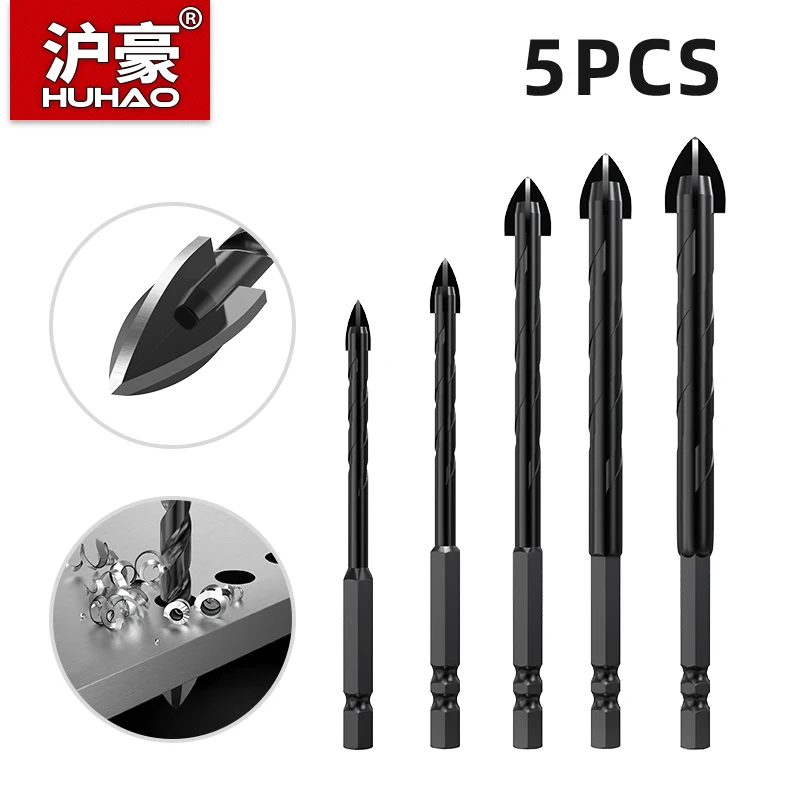 HUHAO 5PCS 3-12mm Cross Hex Drill Bit Set For Concrete Porcelain Tile Glass Metal Professional Drill Bit Set Carbide Drill Tools