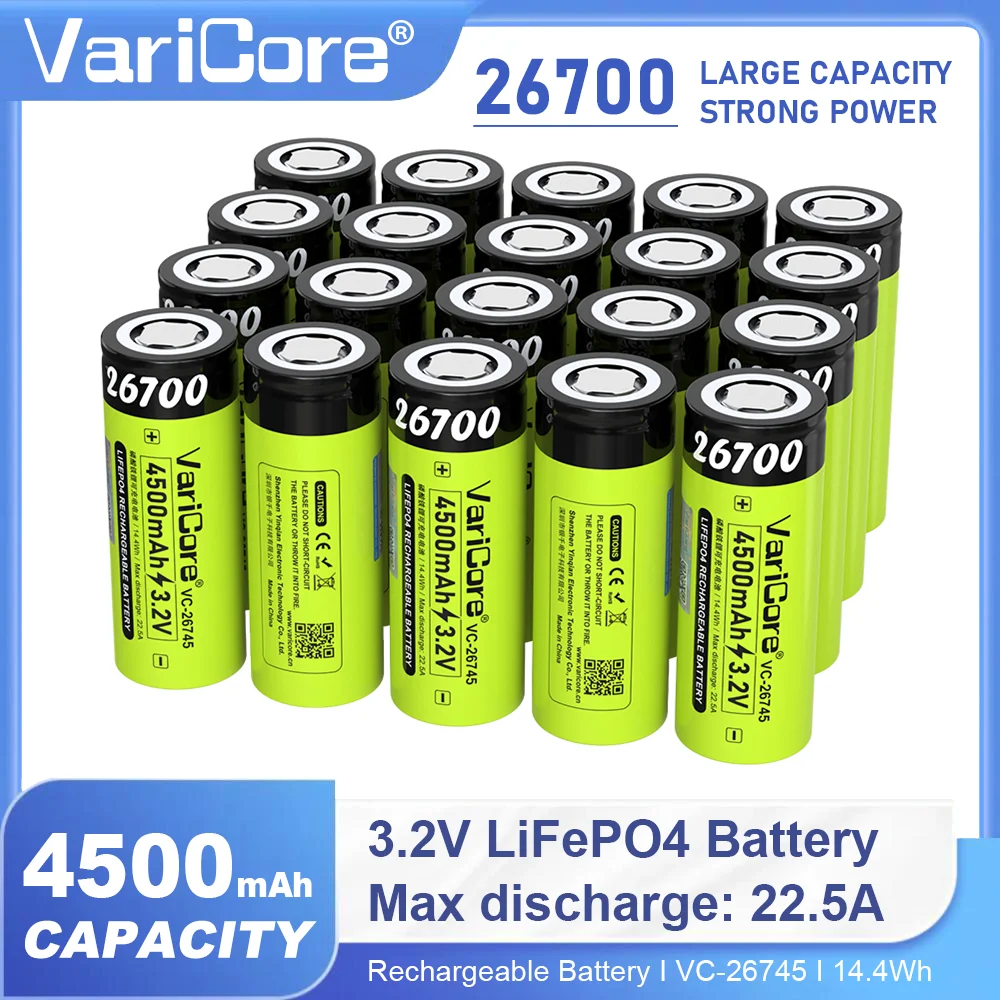 VariCore 3.2 فولت 26700 4500 مللي أمبير LiFePO4 بطارية قابلة للشحن VC-26745 أقصى تفريغ 22.A لمصباح يدوي الحفر بنك الطاقة الشمسية