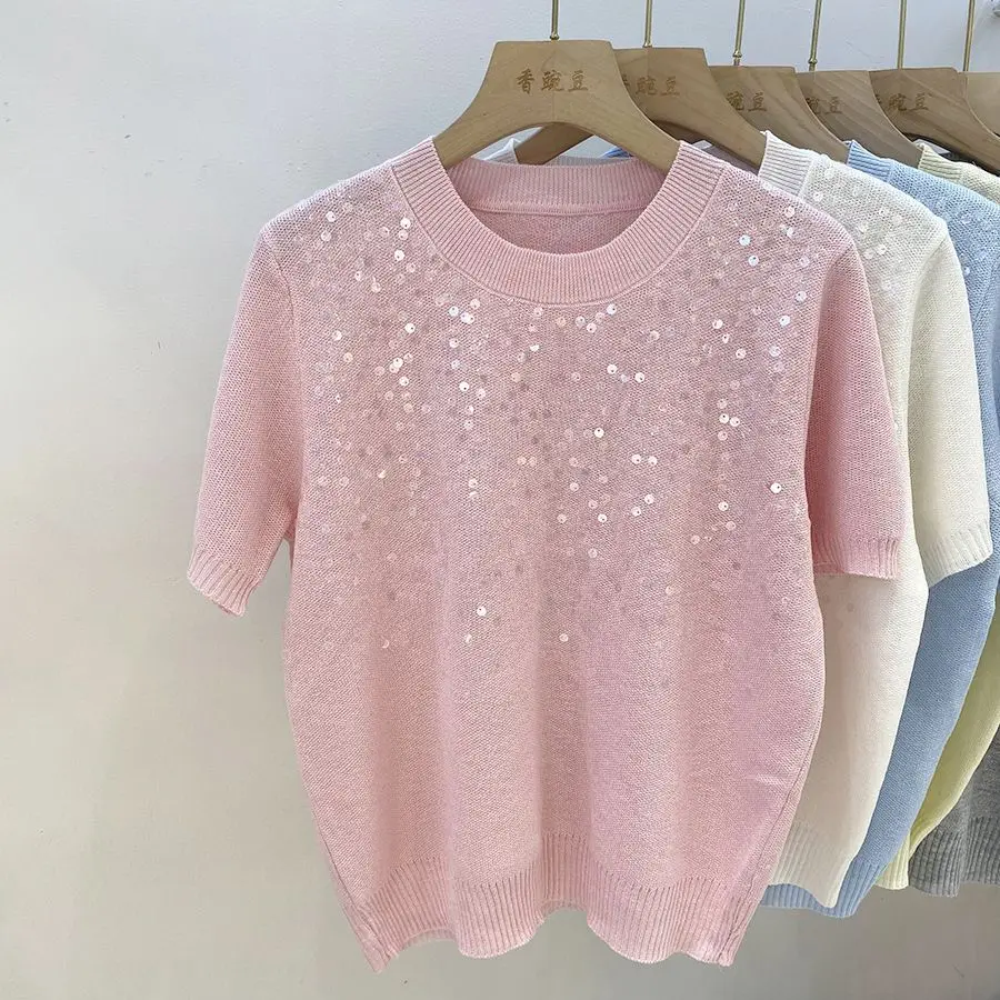 Sweet Trends Sequin Knitted Pullover Women Short-Sleeve T-Shirt Lightweight Sweater Design Top Y2k Jumper Outfit Korean Tees