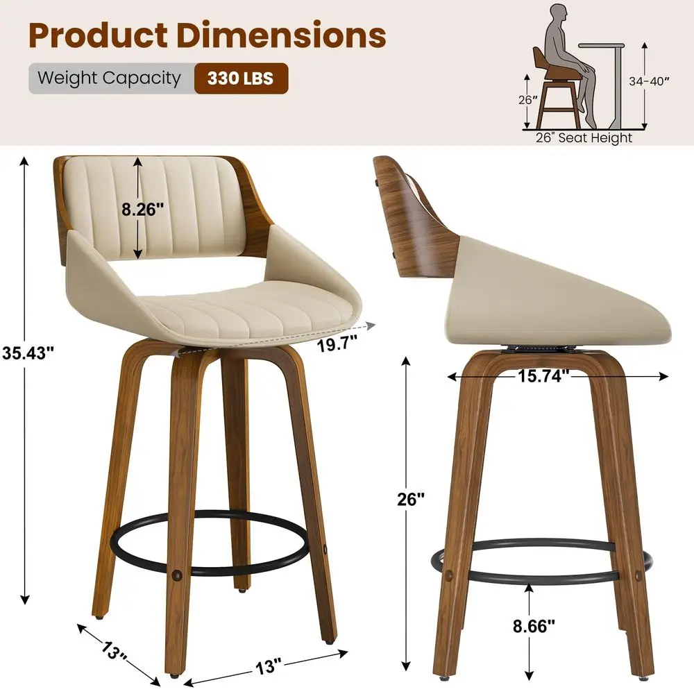 

Набор из 2-х стульев, 26 вращающихся барных стульев для барной стойки с изогнутой спинкой и ножками из орехового дерева, обивка из искусственной кожи в стиле Mid-Century Modern.