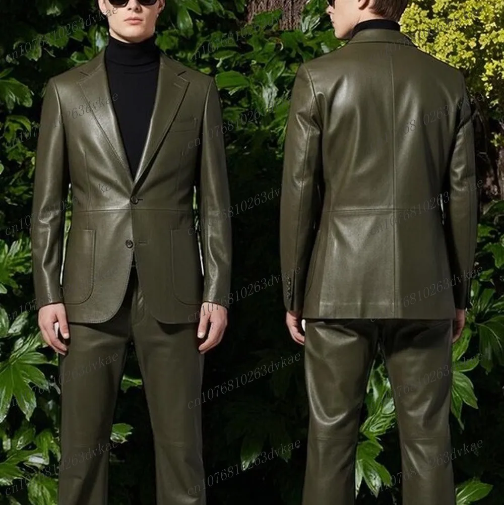 

Новый армейский зеленый кожаный мужской костюм для свадебной вечеринки, формальный жених, жених, выпускного вечера, деловые мужские смокинги, комплект из 2 предметов, куртка, брюки