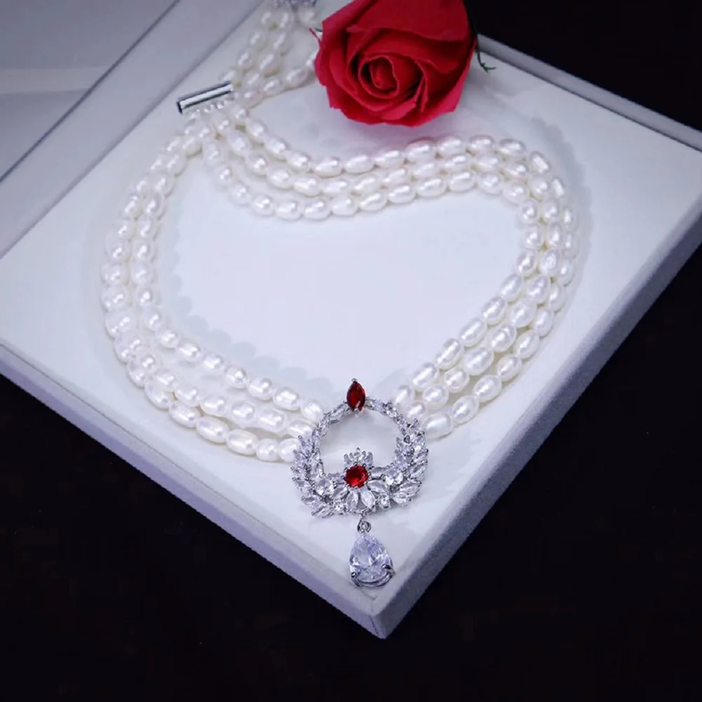 Multi layer style necklace, natural pearl necklace, flower wreath, AAA6-7mm pearl necklace, 16-17-18in