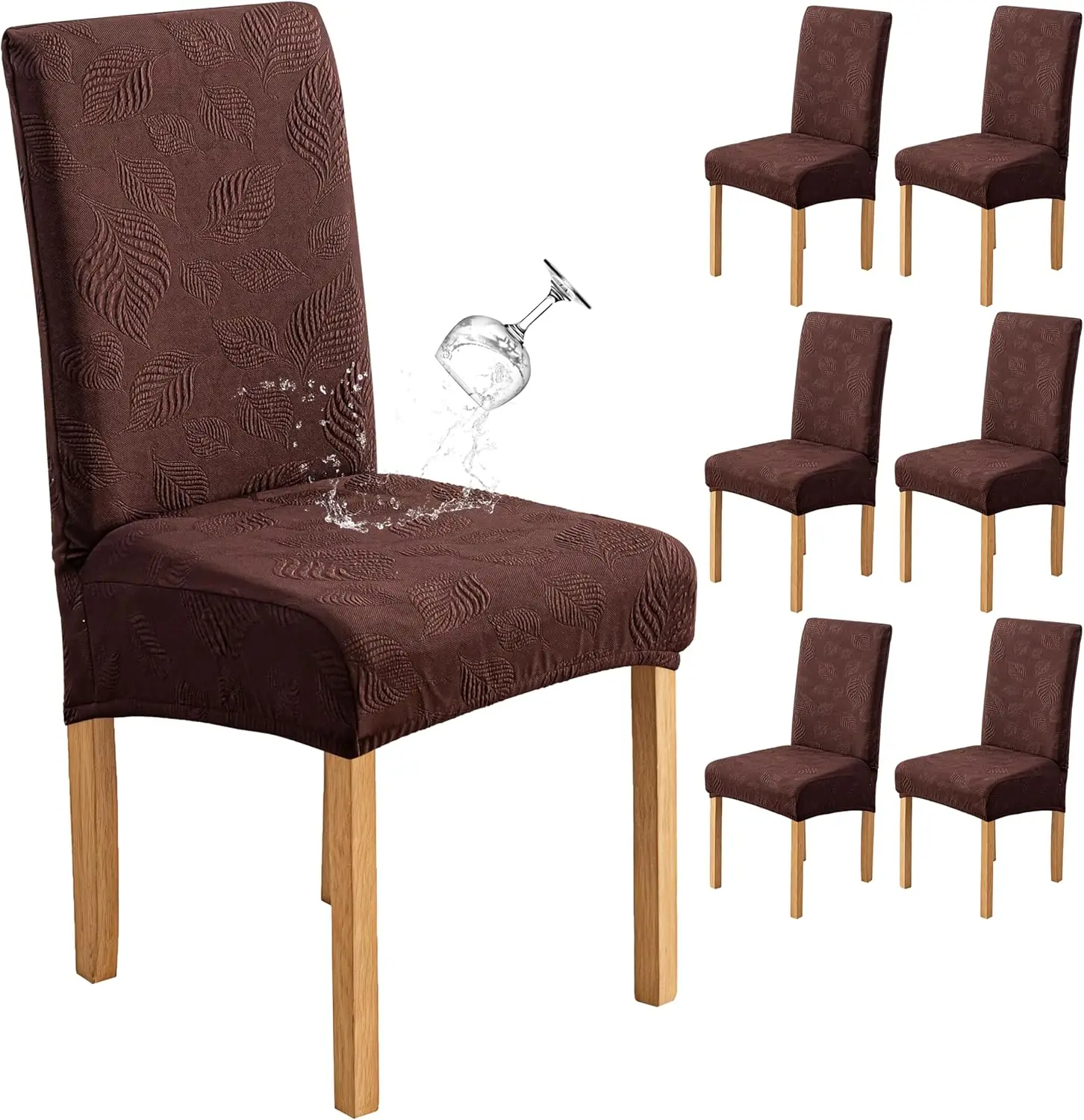 

Waterproof Stretch Dining Chair Covers Set of 6, Leaf Jacquard, Removable Protector for Home, Restaurant, Banquet, Dark Brown