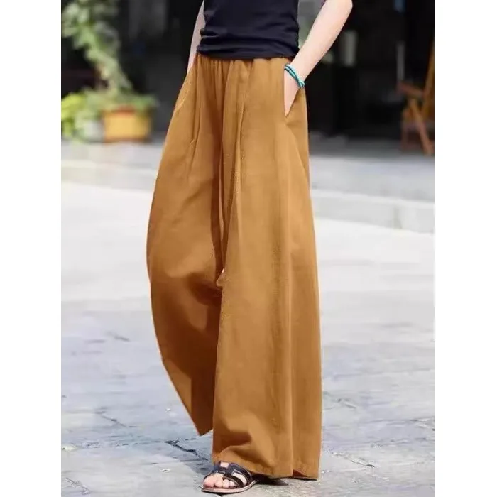 Cotton Wide Leg Pants Women's Loose Fit Slimming Casual Trousers Pure Color Long Summer Thin Wide Leg Pants Commute Sle