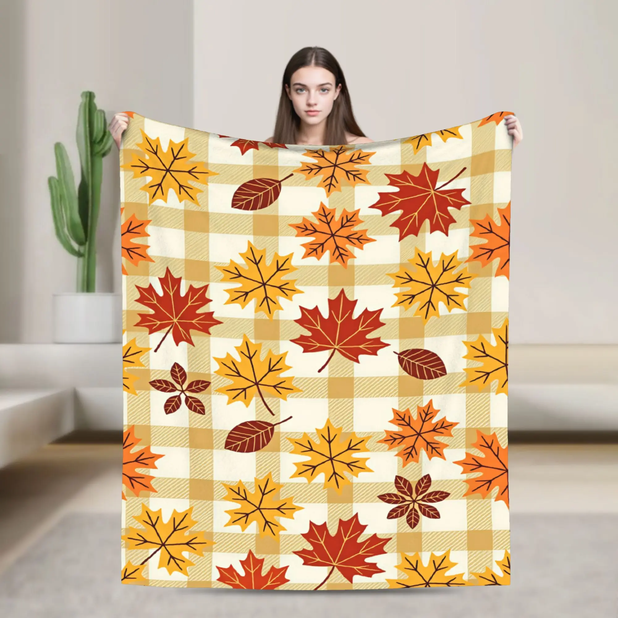 Warm Blankets Picnic Fall Maple Leaf Gingham Throw Blanket  Flannel Bedspread For Couch Chair Funny Sofa Bed Cover
