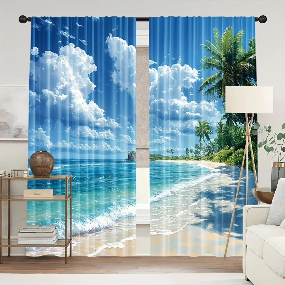 Home Fragrance Ocean Breeze - 2 Cortinas Digitais Estampadas, Ondas do