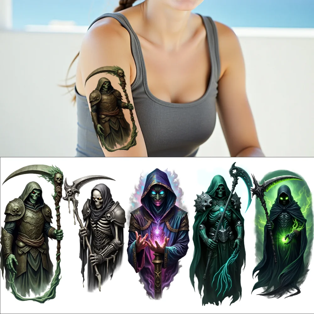 

3pcs Temporary Tattoo Scythe Necromancer Grim Reaper Colorful Realism Cloaked Skeleton For Women Men Arms