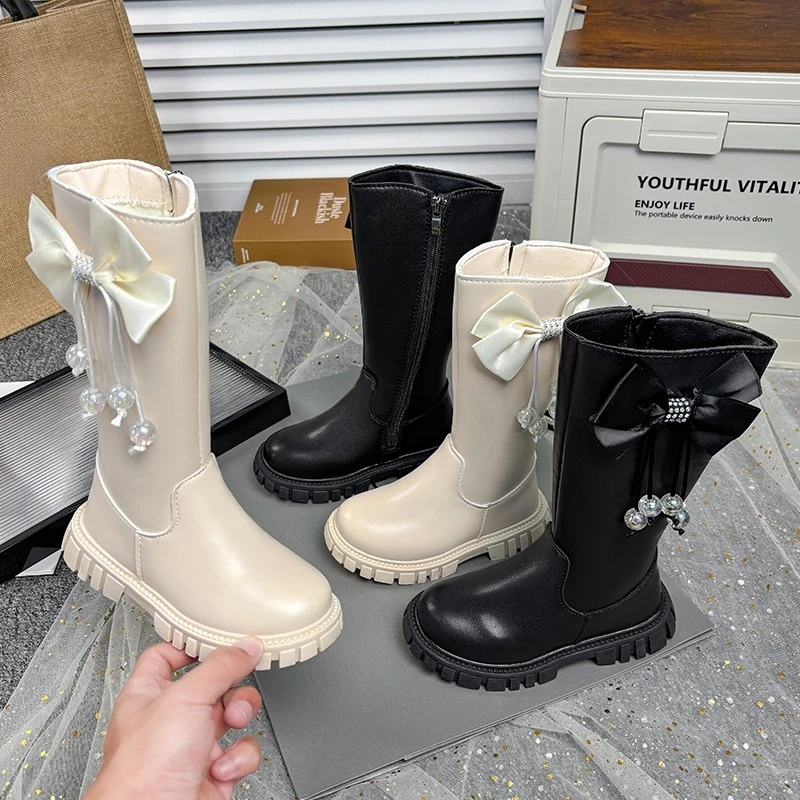 Fashion Girls Plush Boots Winter Sweet Bowknot Princess Catwalk Kids Long Boots Causal Warm Furry Children's Plush Boots Zipper
