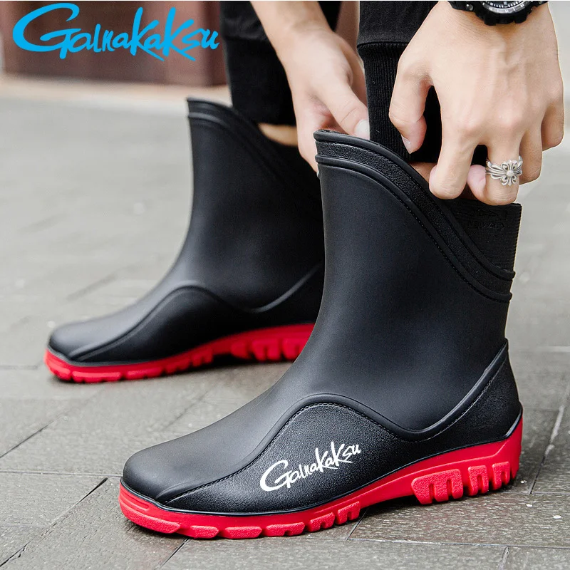 Rain Boots Men's Medium Tube Brand Fashion Outdoor Waterproof Hiking Work Shoes Car Wash Fishing Shoes Kitchen Work Rubber Shoes