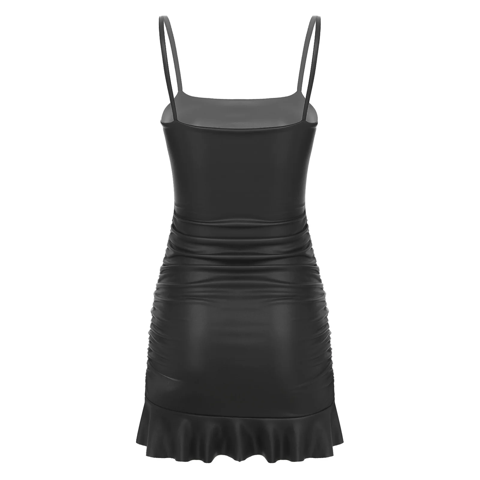 حار المرأة لينة بولي Leather الجلود فستان قصير الجانب Ruched تكدرت هيم Bodycon فستان بكتافة السباغيتي حزام نادي الحفلات فستان عالي المظهر