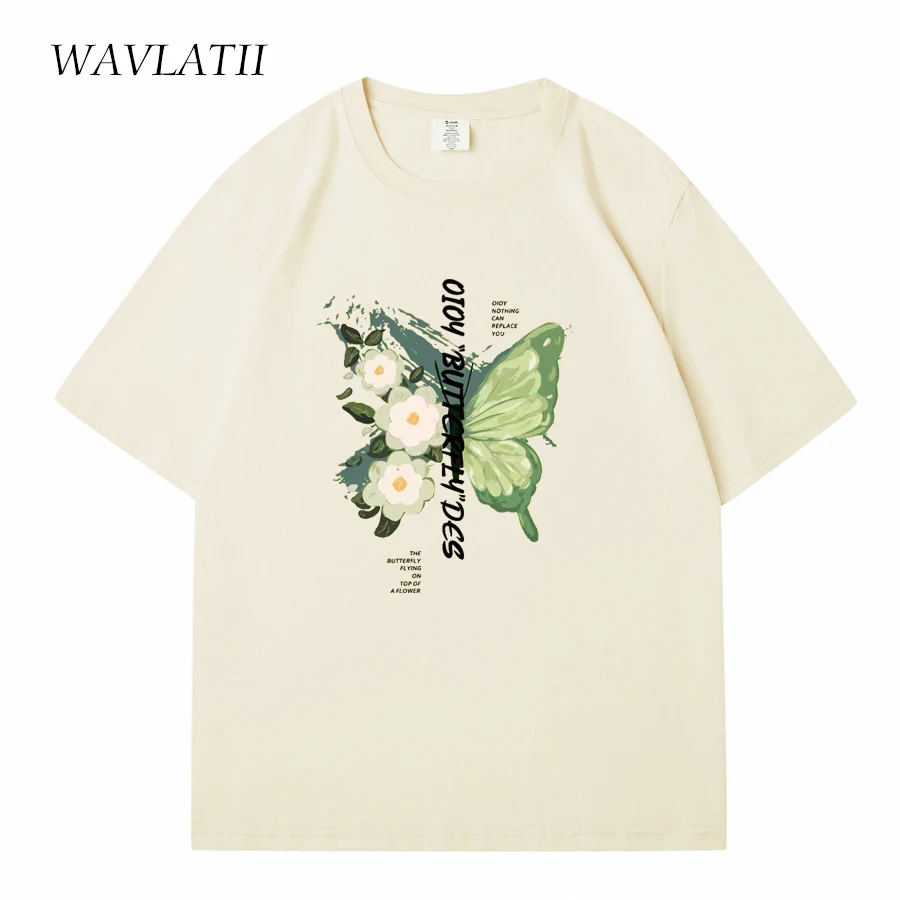 WAVLATII New Women BV Green 100% Cotton T shirts Female Butterfly Printed High Street Tees Lady Casual Short Sleeve Tops