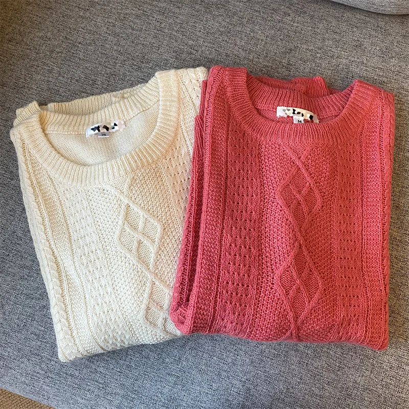 Retro Knitted Loose Fit Rabbit Fur round Ne Sweater Early Spring Sle  Color Blend Wool Casual Commute Faion Women'...