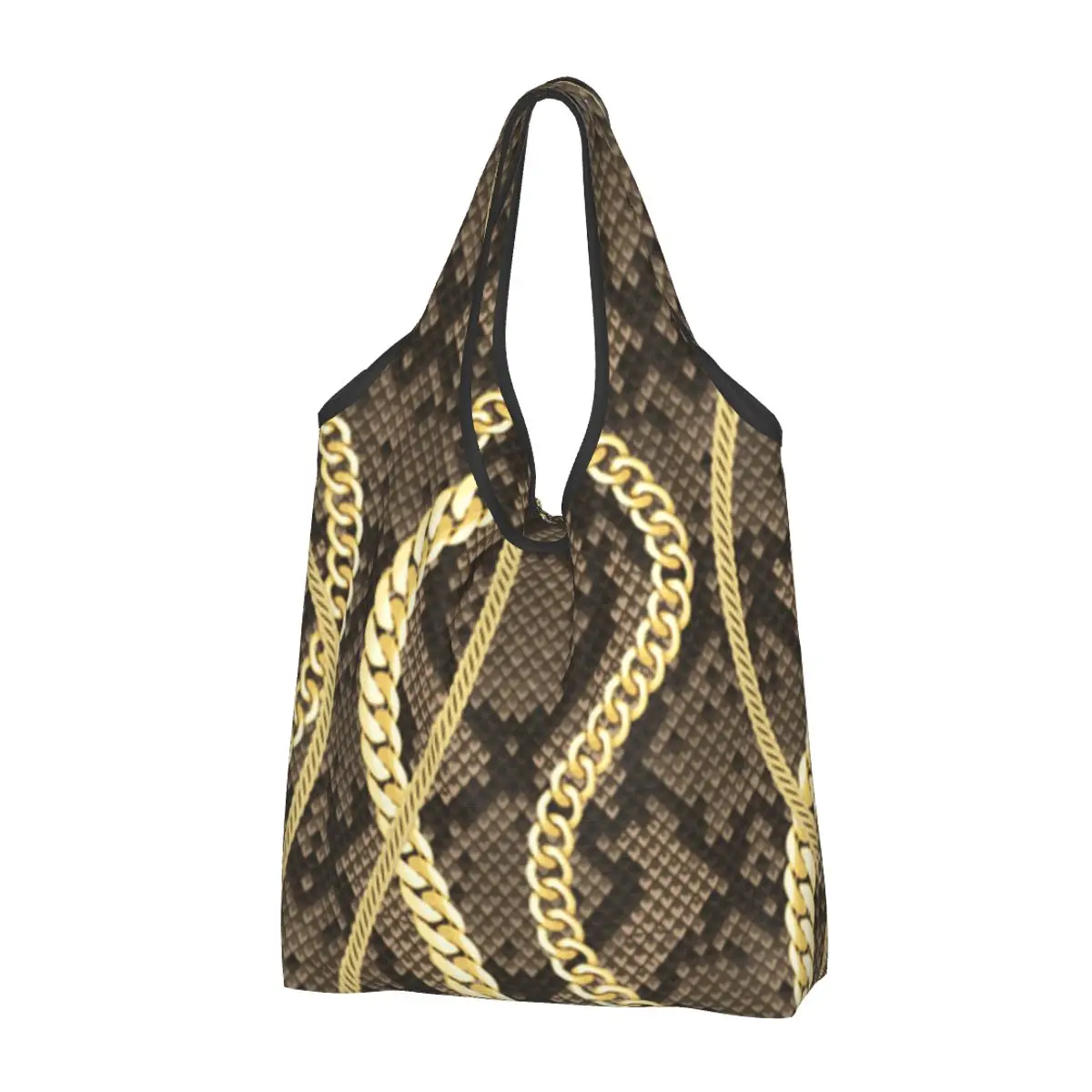 Folding Shopping Bag Golden Chains On Snake Background. Reusable Portable Shoulder Handbag for Travel Grocery Pocket Tote