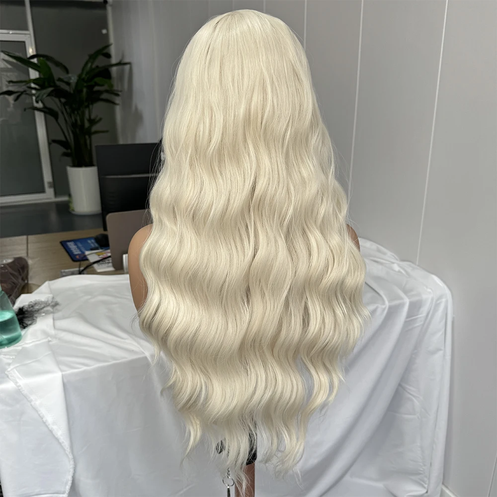 البلاتين شقراء شعر مستعار طويل فضفاض حليقة الدانتيل الباروكة الاصطناعية الدانتيل الجبهة الباروكات للنساء الأبيض شقراء موجة طبيعية الاستخدام اليومي تأثيري #5