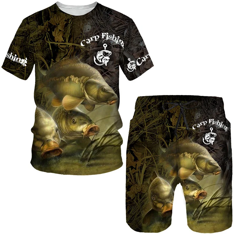 Camouflage 3D Crap Fishing Print Summer Men\'s Beach Shorts Set Short Sleeve T-shirts+Shorts 2 Pcs Set Oversized Tracksuit Suits