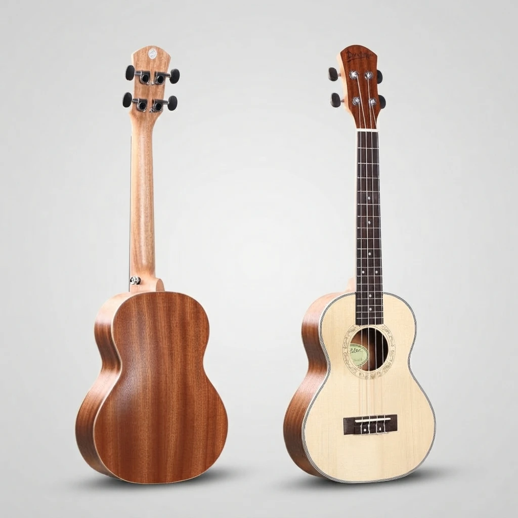 Traditional Contrast Ukulele 4 Strings, Light Top Brown Back, Black Tuners, Soprano Size, Decorative Rosette for Beginners