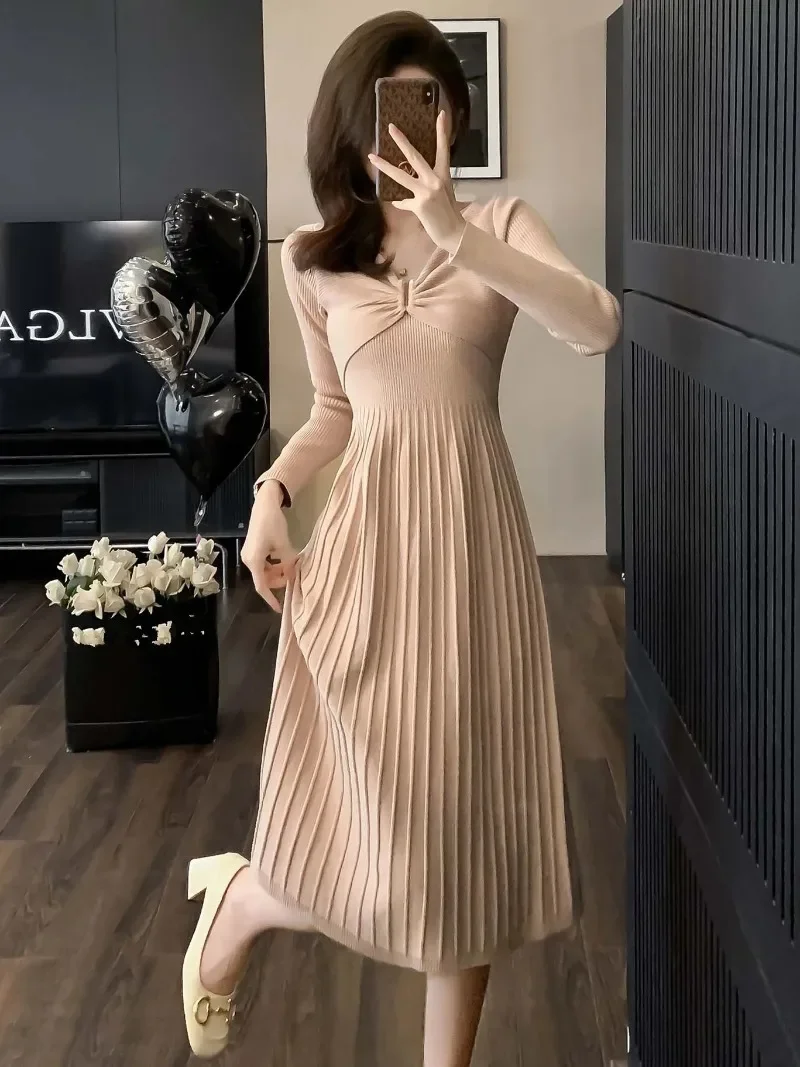 New Elegant Slim Ribbing Knitted Dress Women Fashion Cross V-Neck Long Sleeve A-line Sweater Midi Dresses Autumn Winter Vestidos