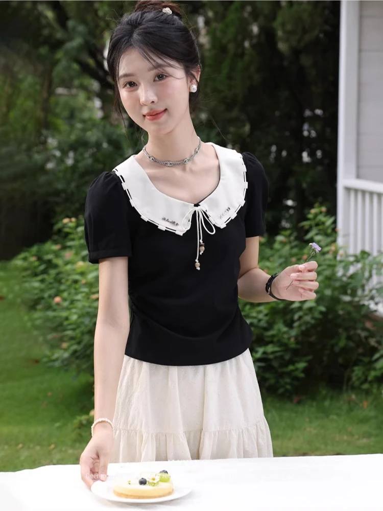 

ALXNAN Women's Black T-shirt Patchwork Puff Sleeves Elegant T-shirt 2025 Summer Casual Sweet Short Sleeve Tops Ladies New L56009