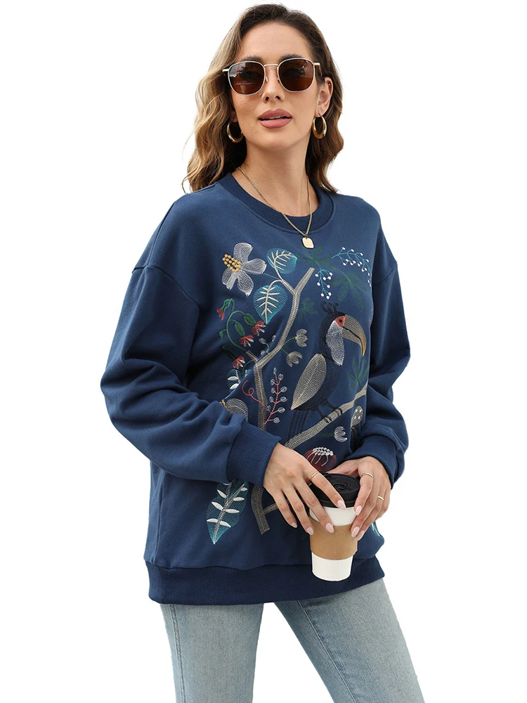 Khalee Yose Floral Embroidery Pullover Sweatshirt Boho Cotton Blue Autumn Harajuku Vintage Streetwear Female 23XXL Outwear Top