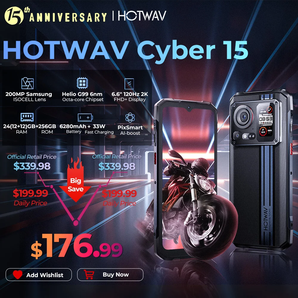 월드 프리미어 초박형 휴대폰, HOTWAV 사이버 15 러기드 폰, 200MP PixSmart G99, 6.6FHD + 120Hz 스마트폰, 24GB, 256GB