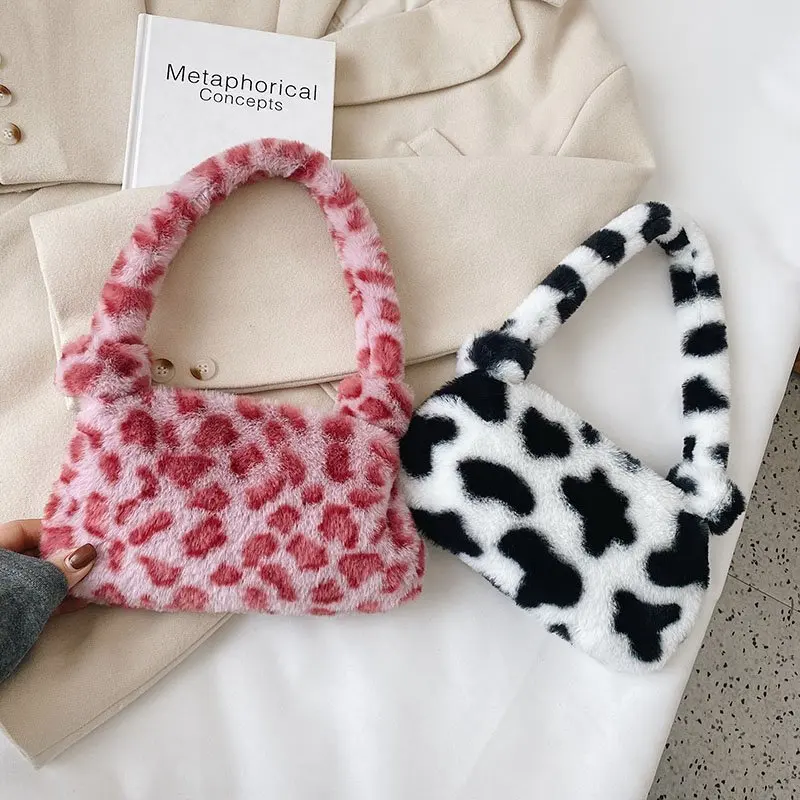 Sacs à main College de vache en peluche moelleux pour femmes, motif zèbre doux, sac de voyage initié, sacs sous les bras féminins, petits sacs à