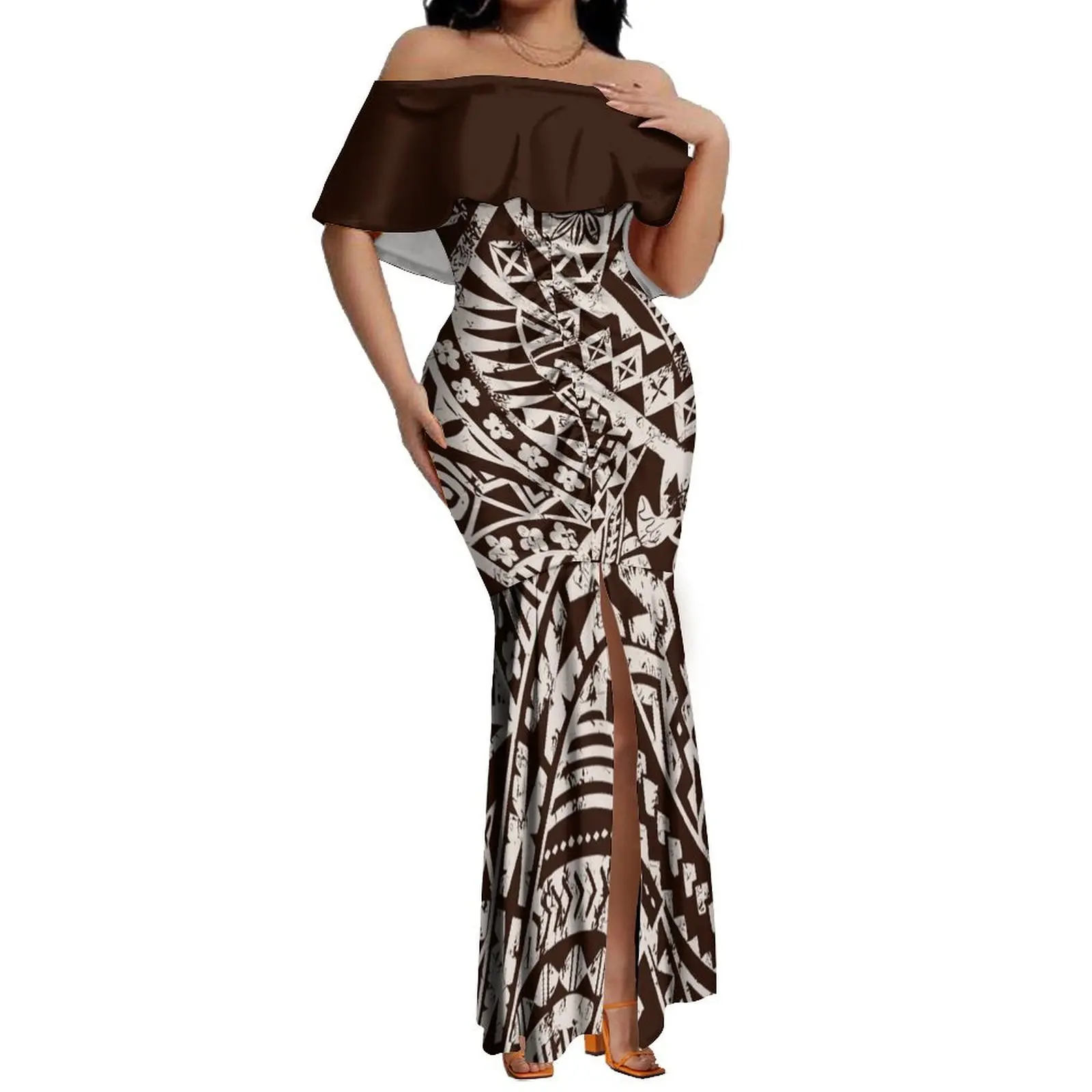 

Women'S Off-The-Shoulder Dress Polynesian Design Floral Split Sexy Dress Samoa Dress 8xl Free Shipping