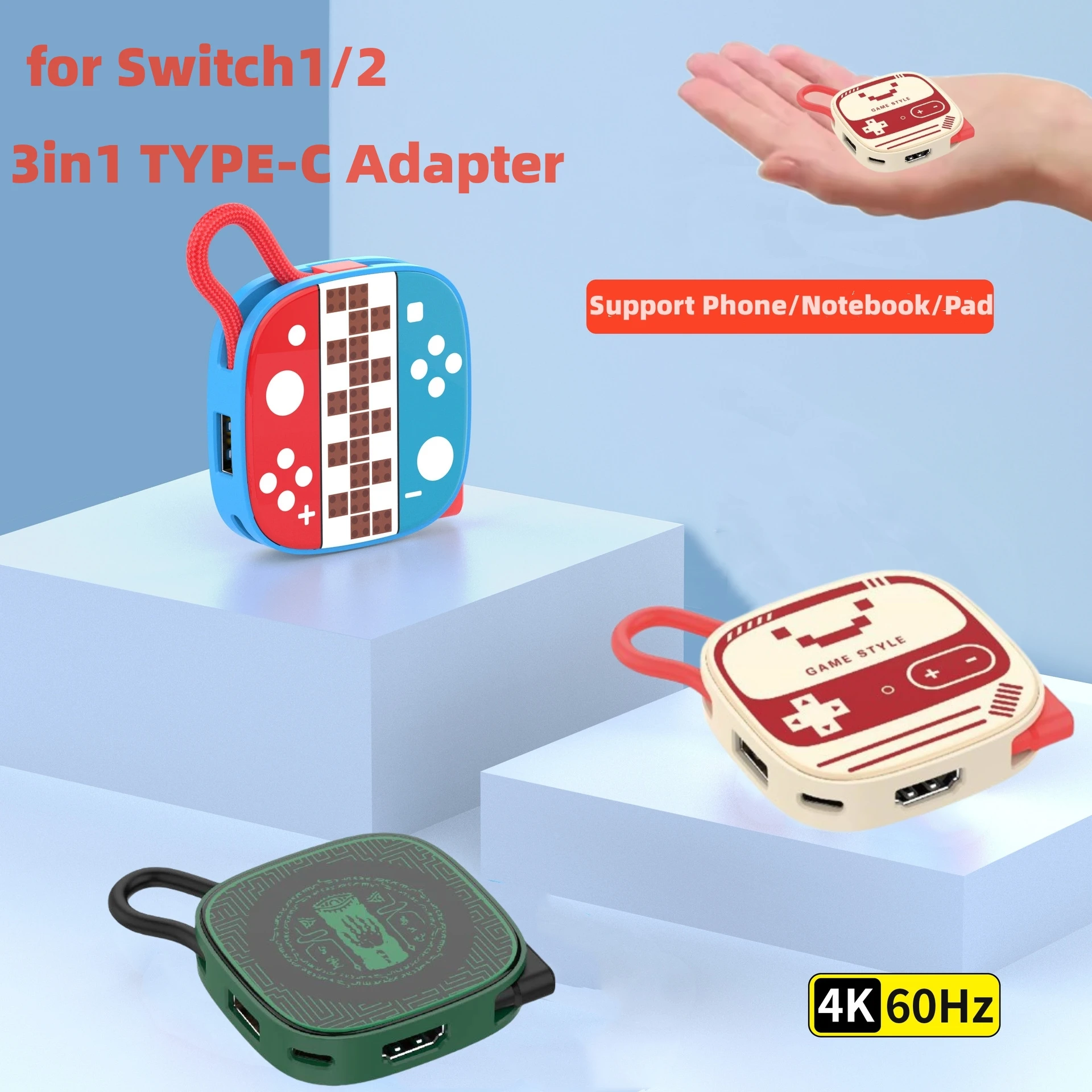 

3 в 1, мини-док-станция-переключатель 4K, 60 Гц, адаптер USB-C к HDMI, поддержка режима ТВ, USB3.0, высокоскоростная передача PD100W, зарядка для Switch1/2