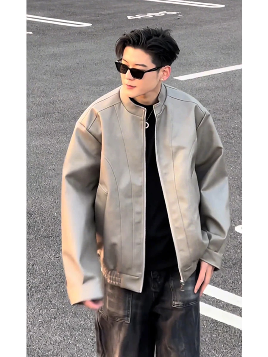 

Khaki Workwear Leather Jaet Men's Spring Deconstructed Stand Collar Biker American High Street Flight Jaet Street Sle