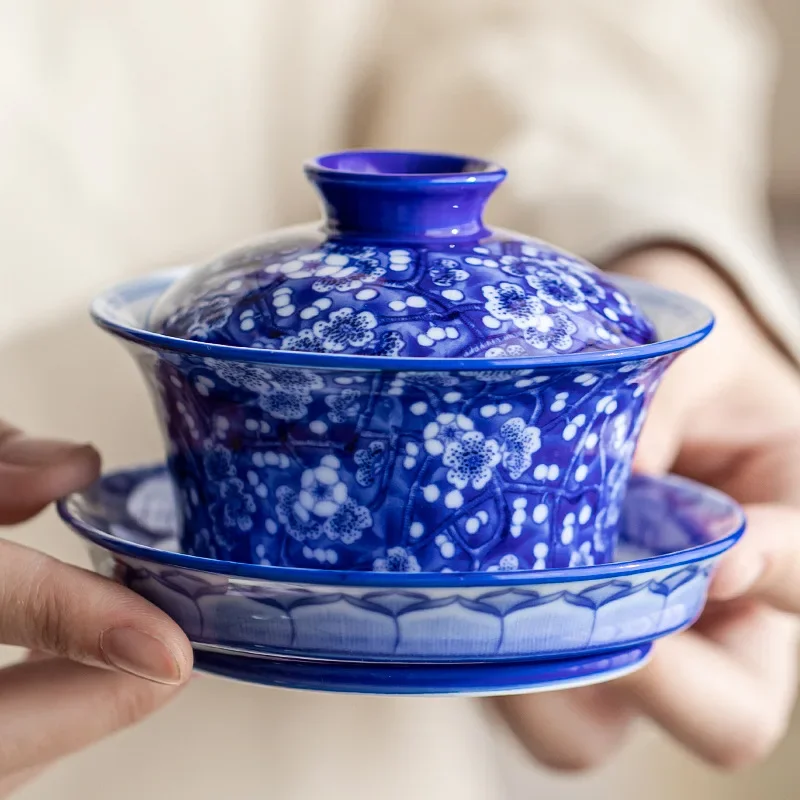 Jingde Impression Blue Ice Plum Blossom Sancai Covered Bowl Ceramic Tea Bowl Tea Tools Distributor Chinese Retro Kung Fu Tea Set