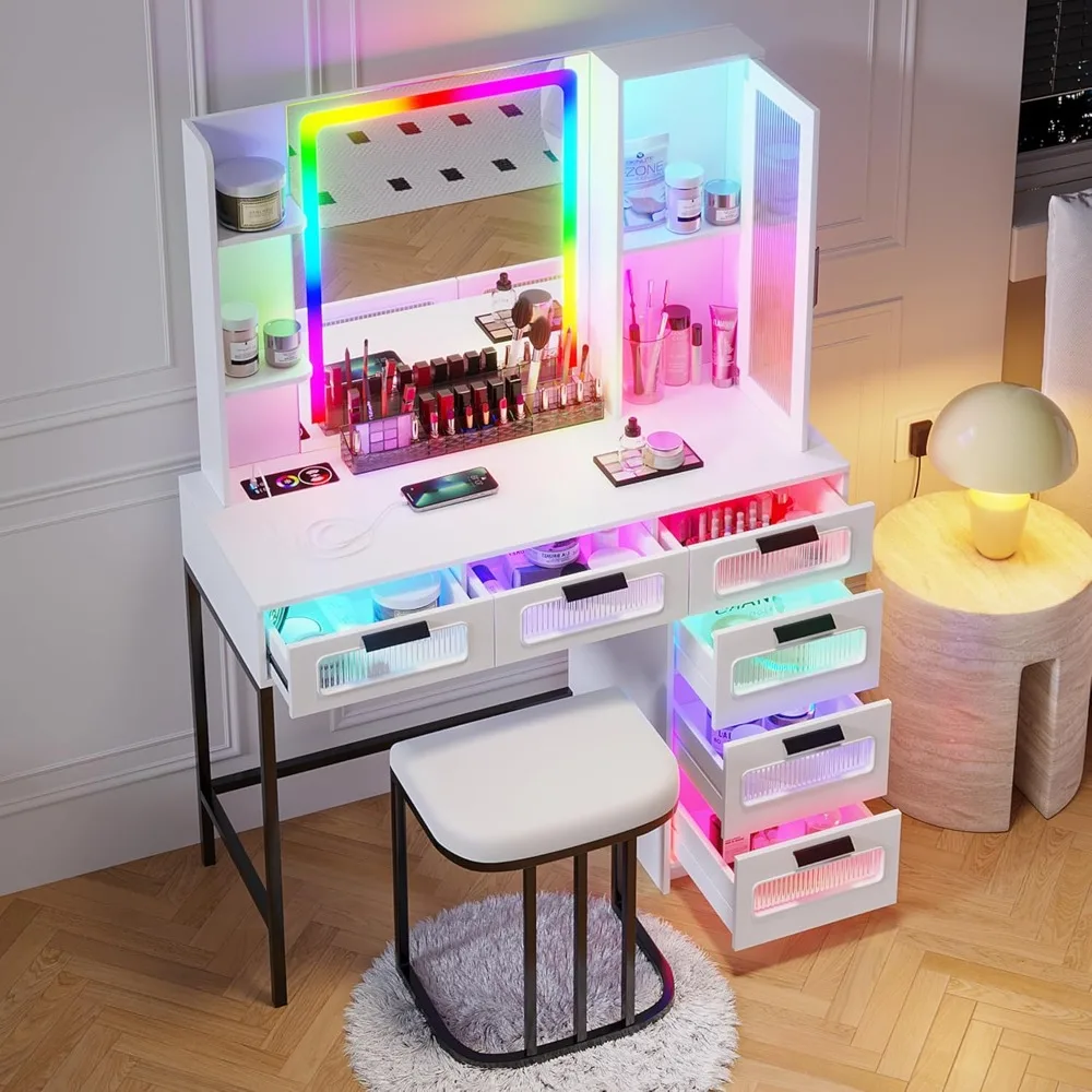 RGB vanity table with mirror and lighting, LED vanity table with USB, wireless charging station, dresser set with 6 drawers