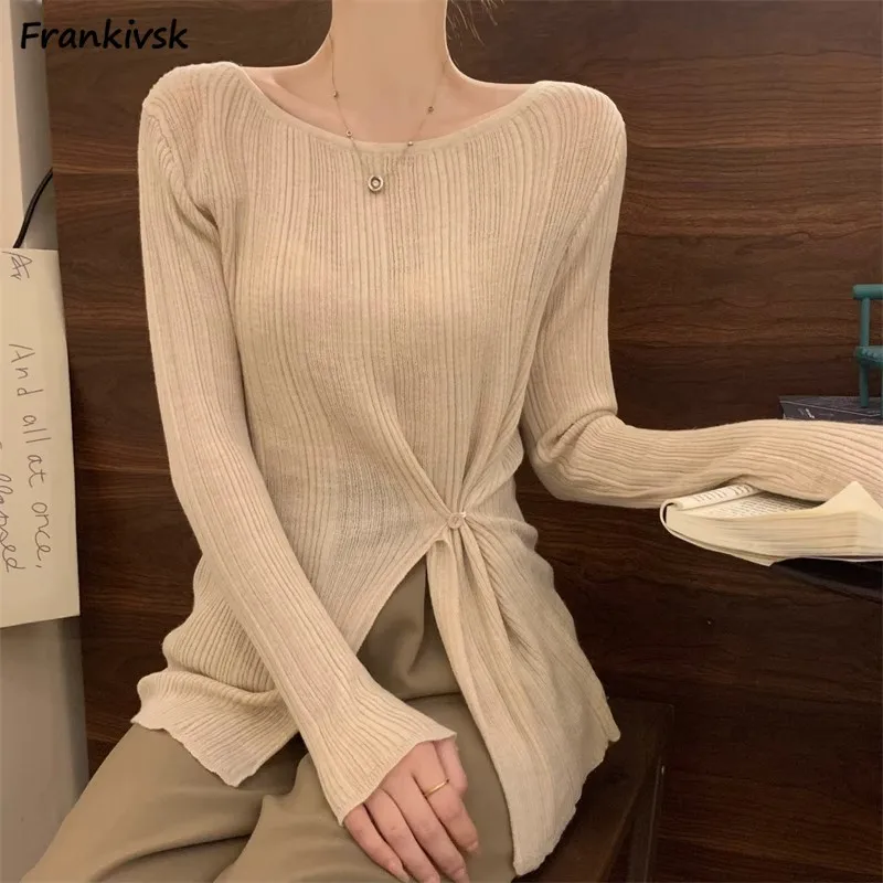 Side-slit Sweaters Women Pleated Retro Fashion French Style Casual Hipster Exquisite Long Sleeve Spring Personality Ladies Tops