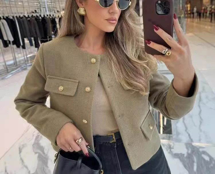 Women front flap cropped jacket coat vintage o-neck long sleeve button up female outerwear chic tops