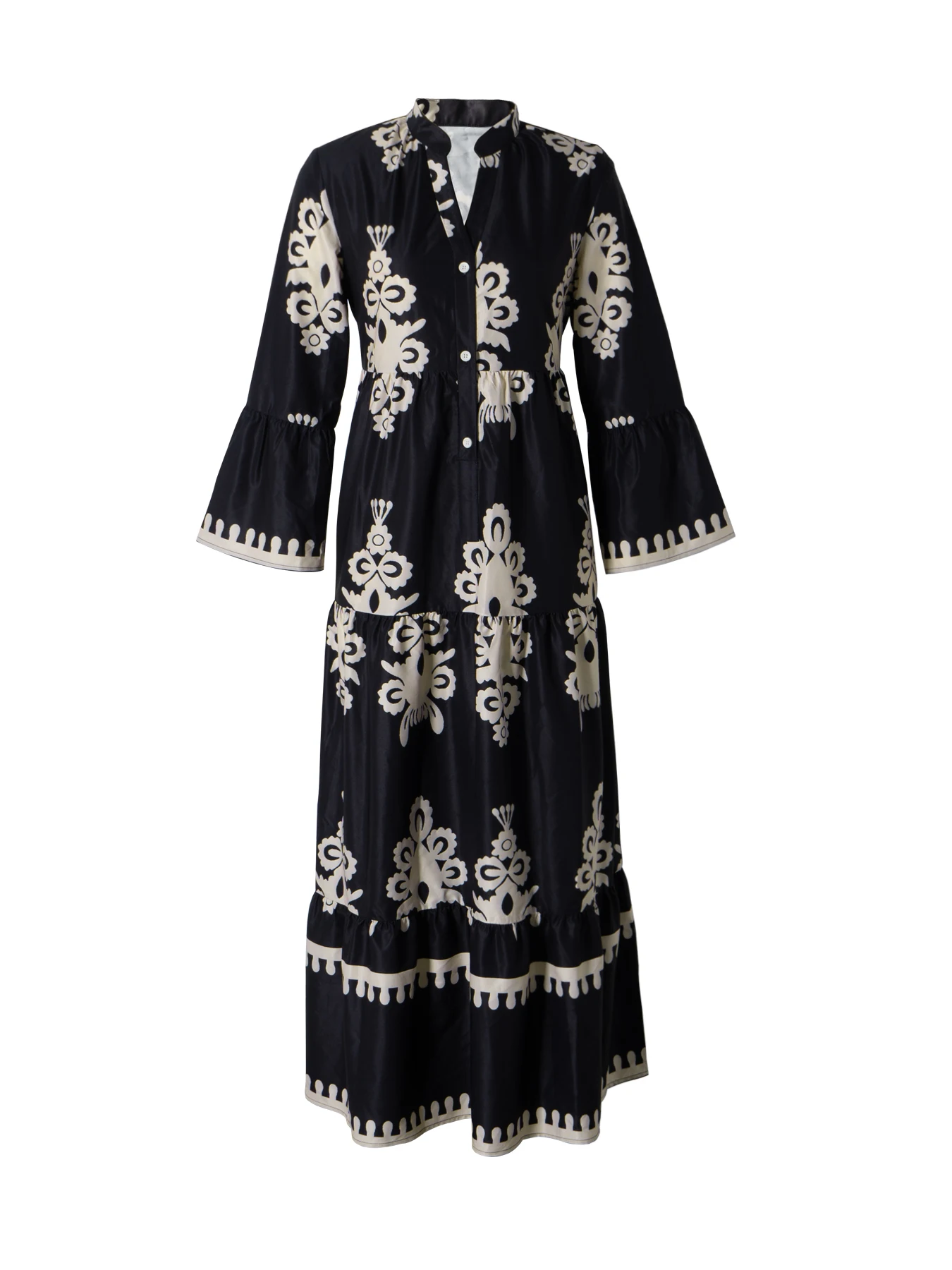 レディース 春夏 ブラック ベージュ ヴィンテージ 花柄 マンダリンカラー Vネック 七分袖 ベルスリーブ ティアード マキシ丈 ボヘミアン カジュアル バケーション