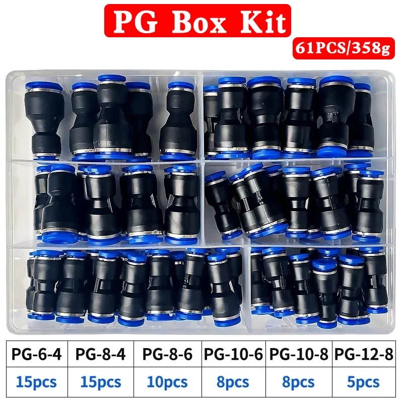 

61PCs Boxed PG Pneumatic Connector Air Pipe 4mm 6mm 8mm 10mm 12mm PG8-6 PG10-8 PG6-4 PG8-4 PG10-6 PG12-6 PG12-8