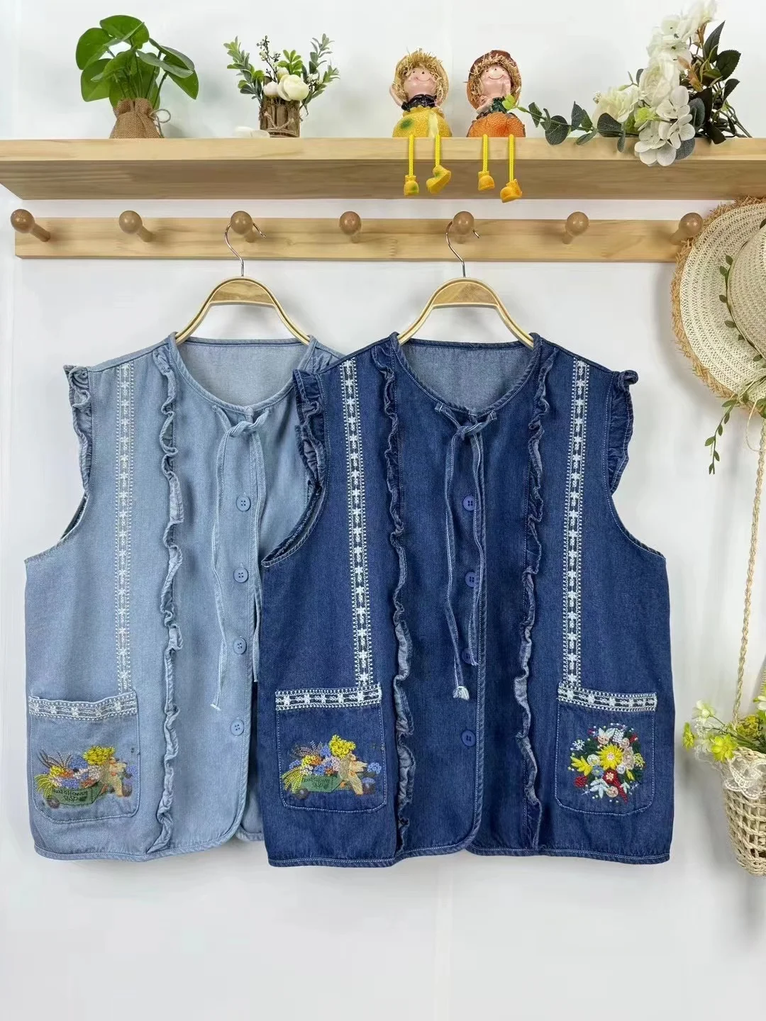 Spring Summer Sweet Sle Women's Denim Jaet with Embroidery Belted round Ne ket Floral Trim Versatile oulder Pad